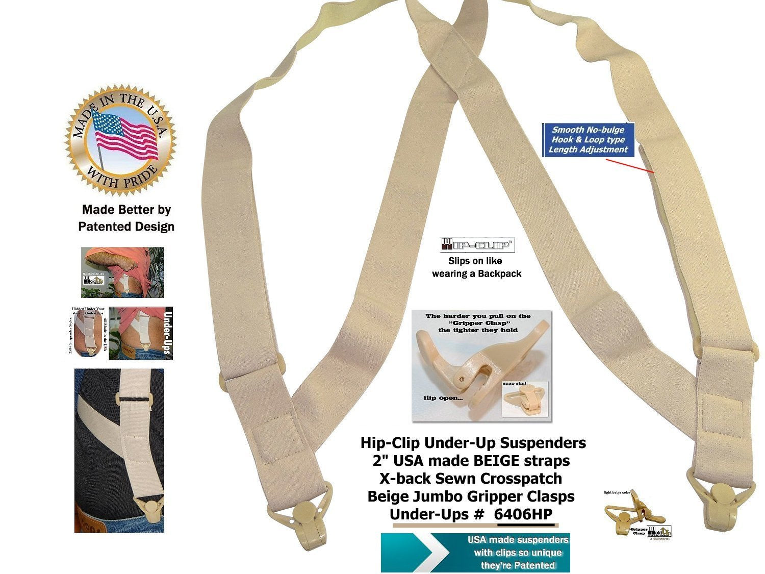 Beige Hip-Clip Under-Up suspenders, durable straps for comfortable wear