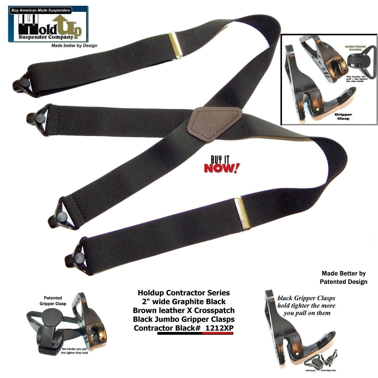 Holdup Contractor Series suspenders, black, 2-inch wide, for heavy-duty use