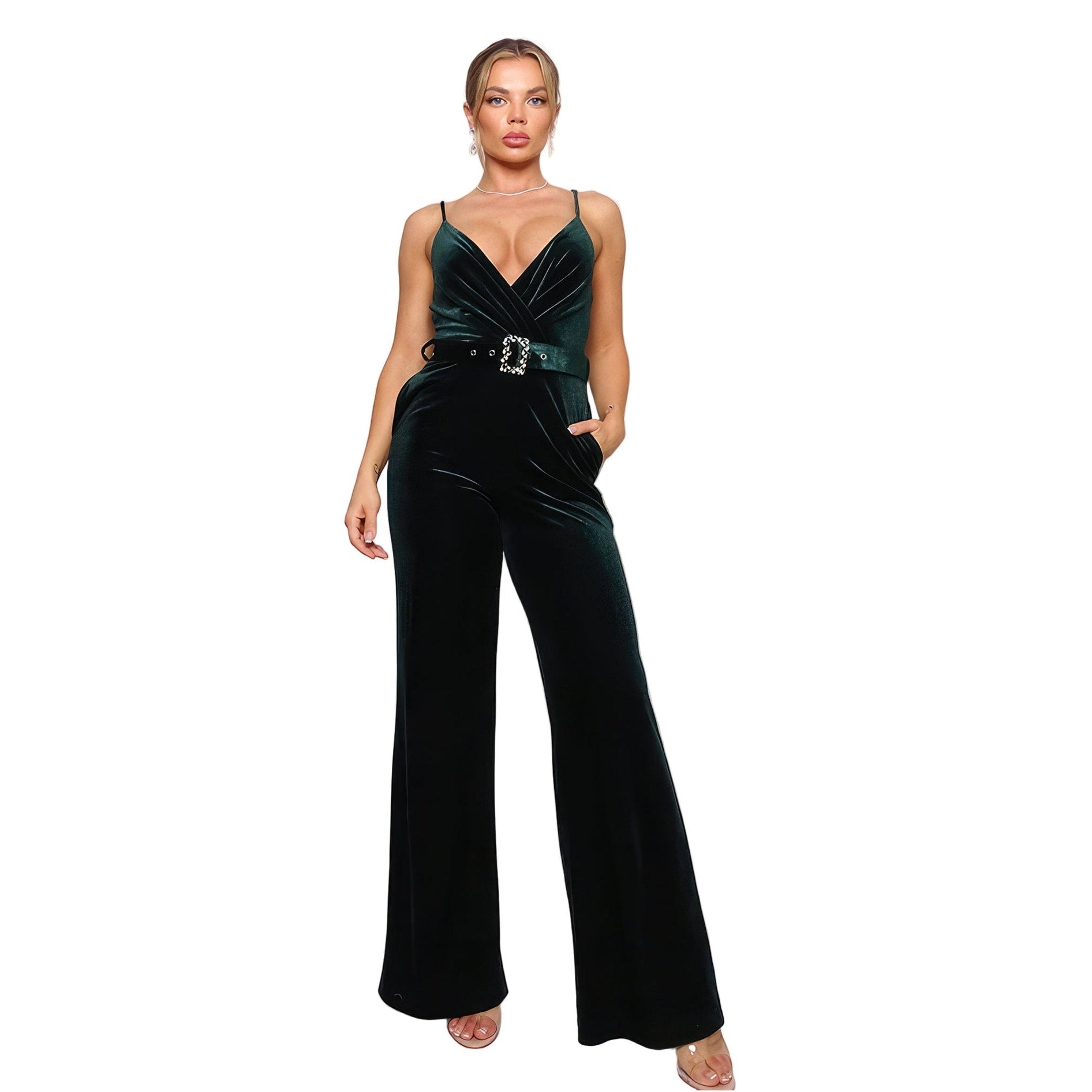 Elegant Women's Holiday Party Jumpsuit Outfit in Green Velvet with Flared Legs and Stylish Buckle Detail