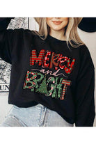 Black holiday themed sweatshirt with Merry and Bright text and Christmas tree design for festive wear