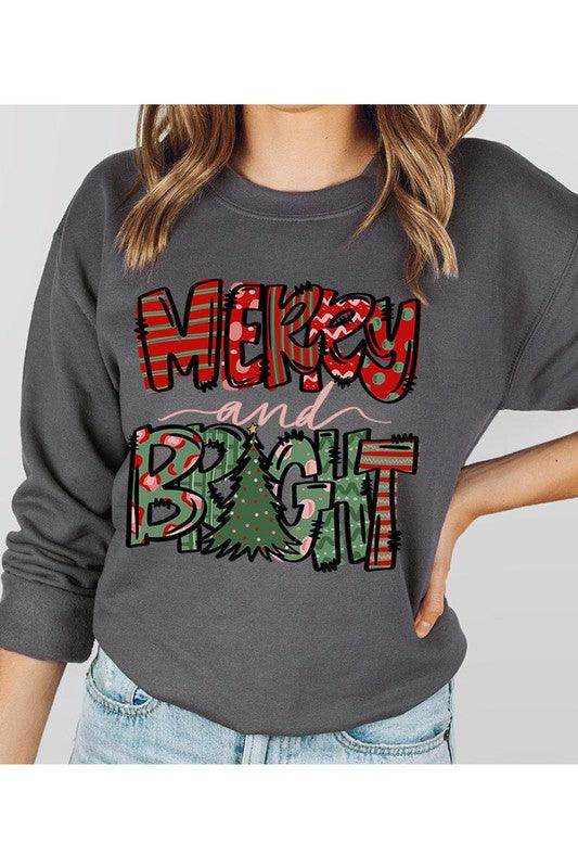 Color Bear holiday themed sweatshirt featuring a Merry and Bright graphic in festive colors