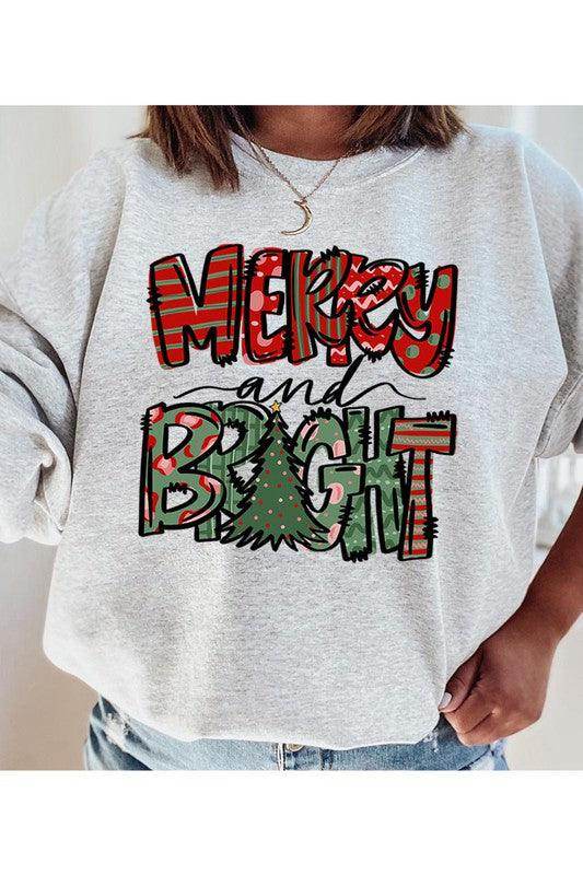 Color Bear holiday themed sweatshirt in gray featuring Merry and Bright design with a Christmas tree