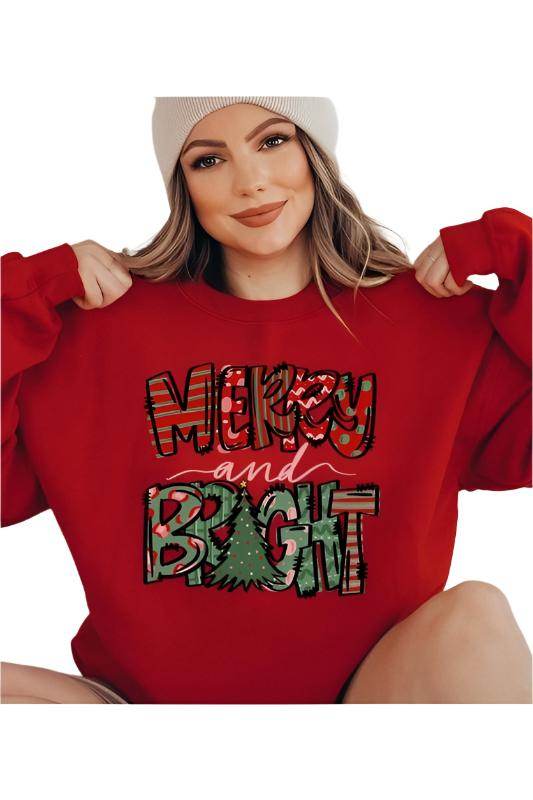 Color Bear holiday themed sweatshirt in red with Merry and Bright graphic for festive outfits