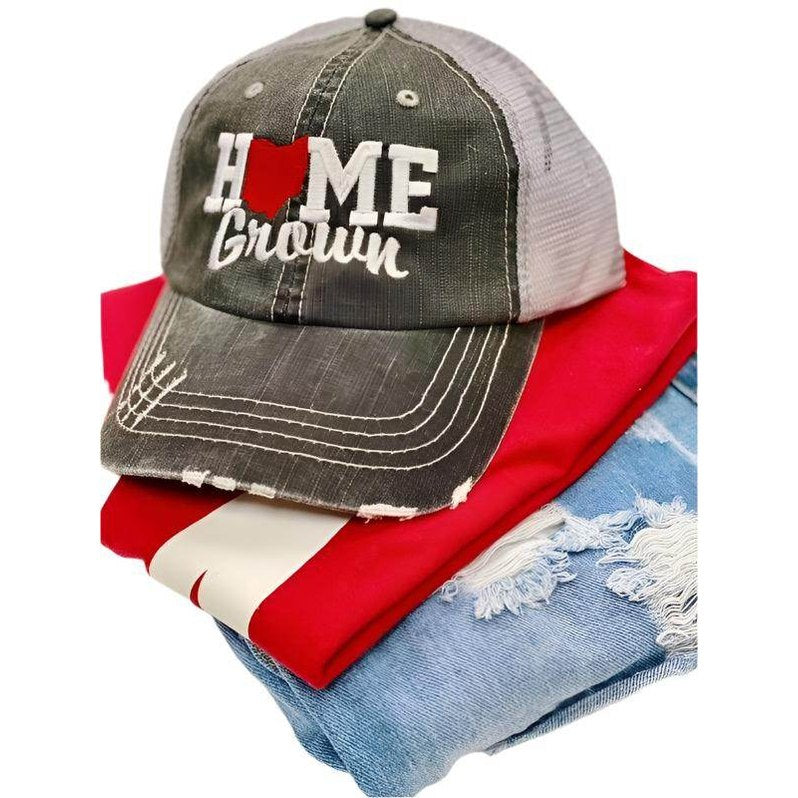 Ocean and 7th Home Grown Cursive Font Cap in Gray with Red and Blue Casual Outfits