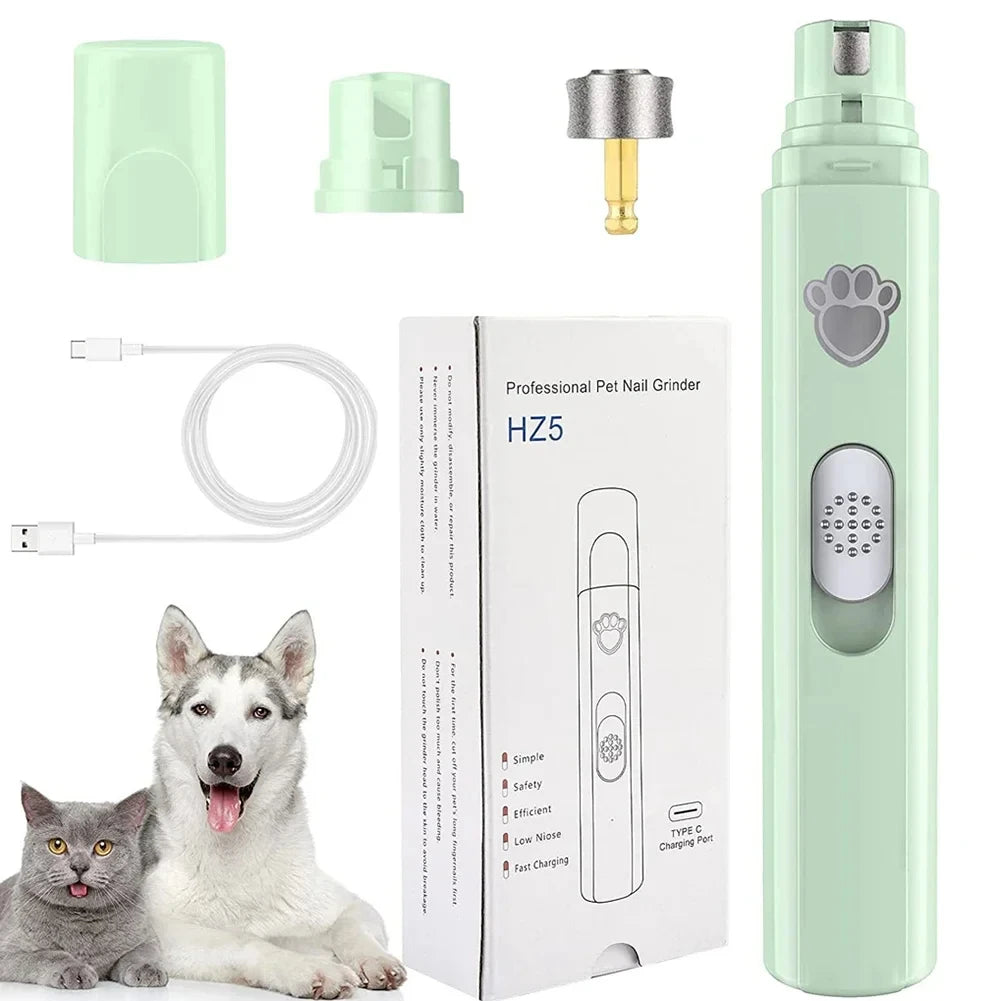 Green electric dog nail grinder, USB charging, for safe pet grooming