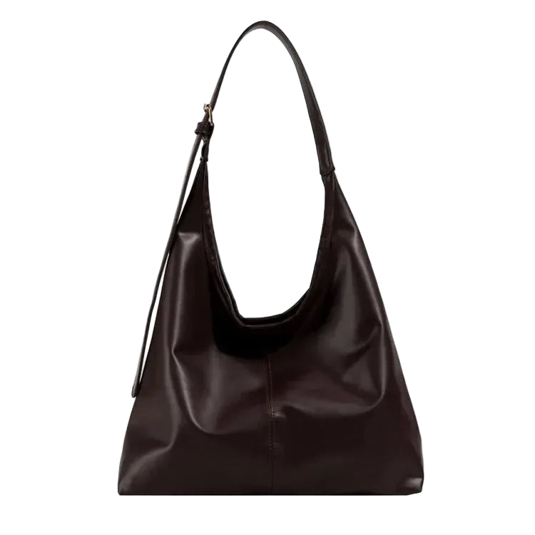 Women's retro tote bag in dark brown leather, ideal for everyday use.