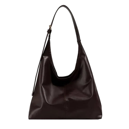 Women's retro tote bag in dark brown leather, ideal for everyday use.