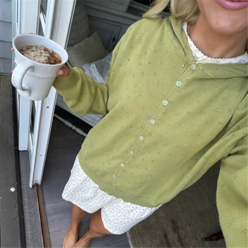 Light green hooded cardigan, perfect for cozy mornings at home