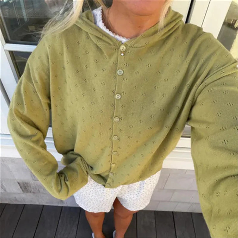 Women's green cotton hooded cardigan for casual wear
