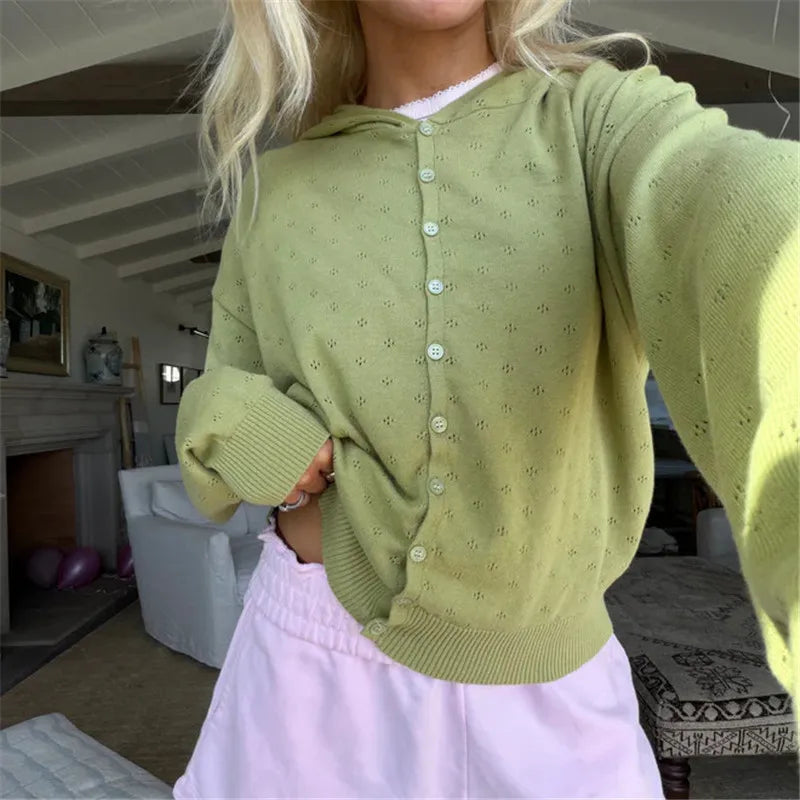 Women's green hooded cardigan, lightweight knit for casual wear