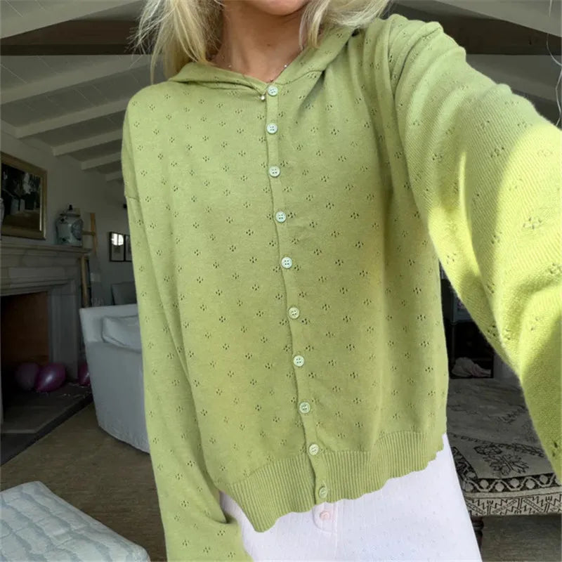 Women's green hooded cardigan in lightweight knit, perfect for casual layering
