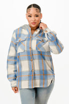 Hooded plaid jacket for women in blue and cream with button-up front and chest pockets