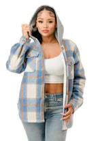 Hooded plaid jacket for women in blue and beige with front pockets and a cozy design