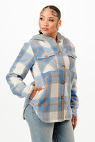 Hooded plaid jacket for women in blue and grey with button details and side pockets