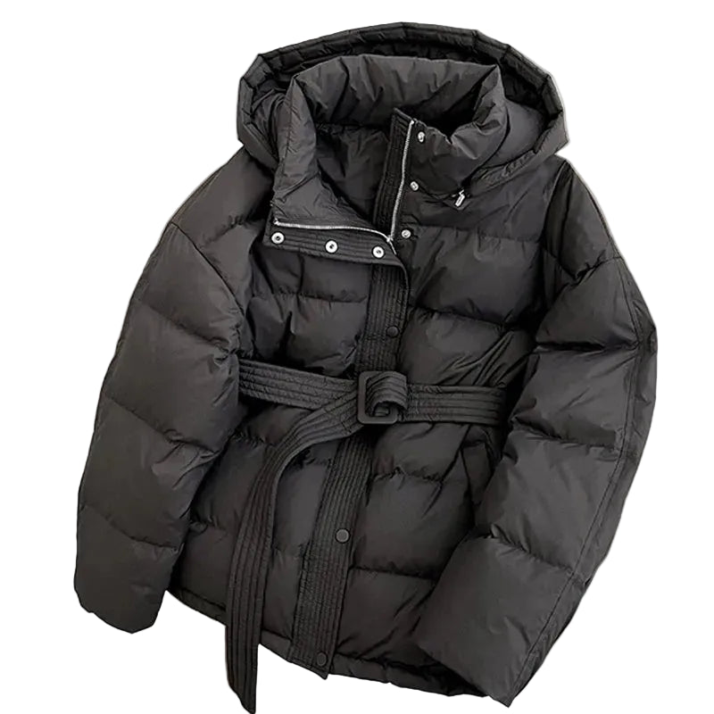 Women's black hooded puffer jacket, warm and stylish for winter