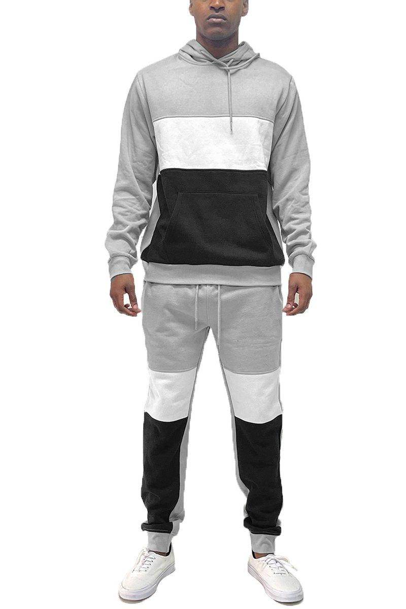 Men's hoodie sweatpants combo in grey and black with a stylish two-tone design by VacationGrabs