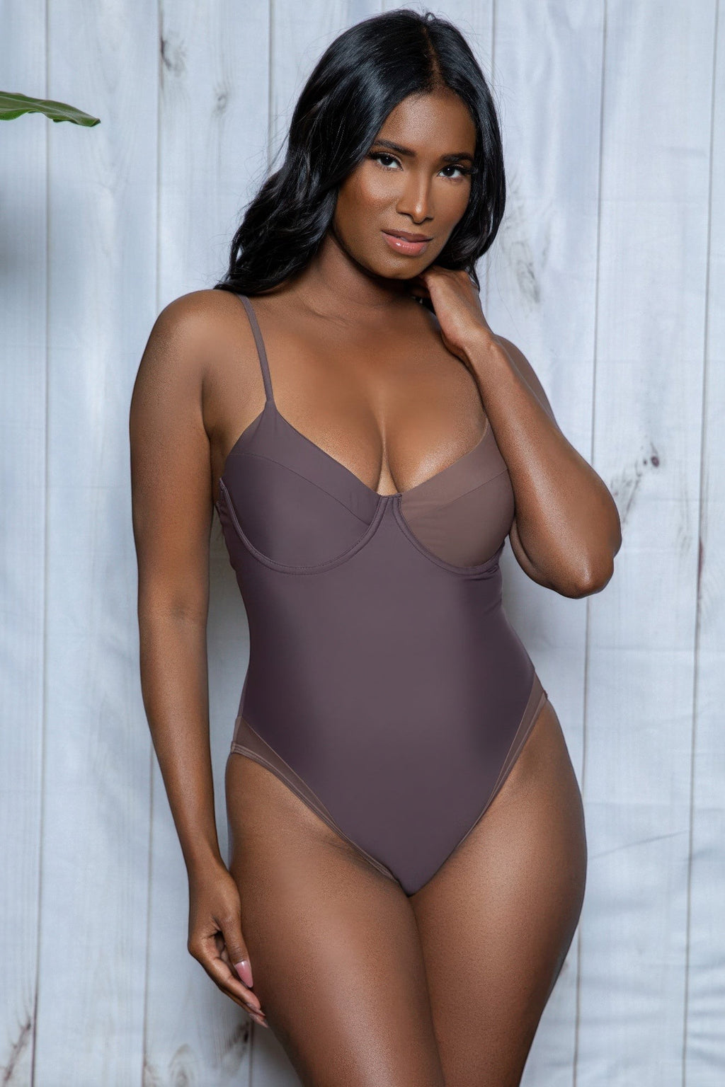 Women's brown one-piece swimsuit, perfect for the beach, hornet charlotte design