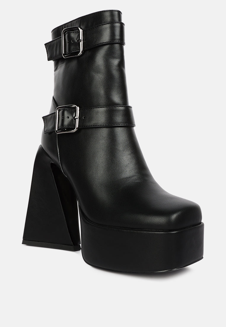 Stylish hot cocoa platform ankle boots with chunky heels and buckle details for a trendy look