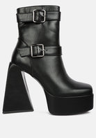 Black hot cocoa platform ankle boots with buckle straps and a bold block heel