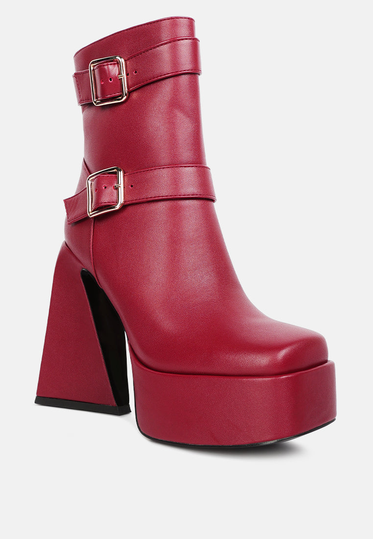 Hot cocoa platform ankle boots in red with stylish double buckle details and chunky heel