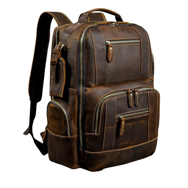 Brown leather backpack on a white background