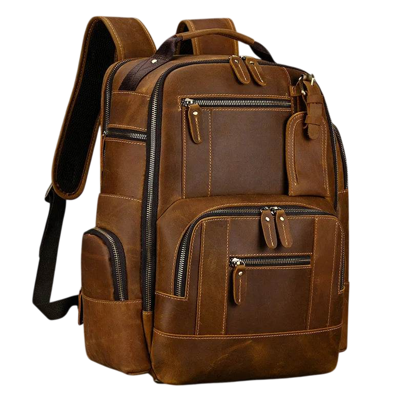 Brown leather backpack with multiple pockets and zippers on a white background