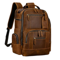Brown leather backpack with multiple pockets and zippers on a white background