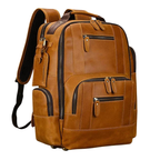 Brown leather backpack with multiple pockets and zippers on a white background