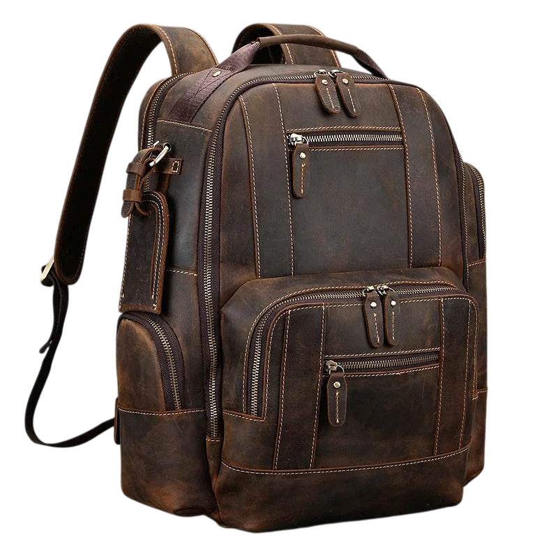 Brown leather backpack with multiple pockets and zippers on a white background