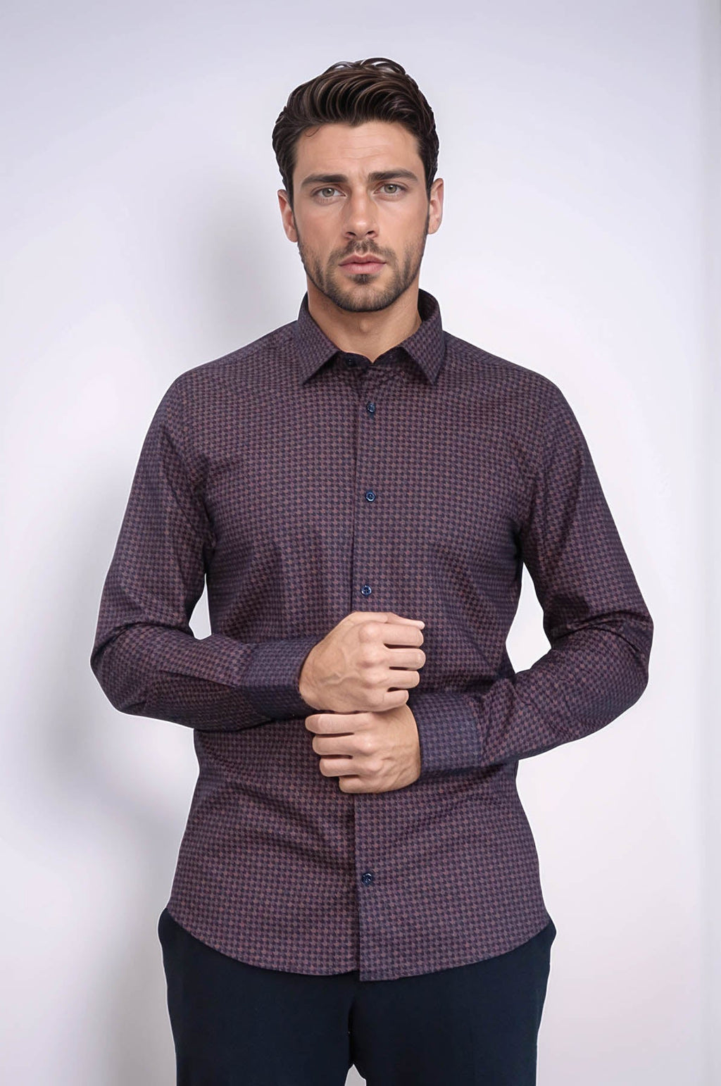 Houndstooth Pattern Slim Fit Brown Men Shirt – close up view