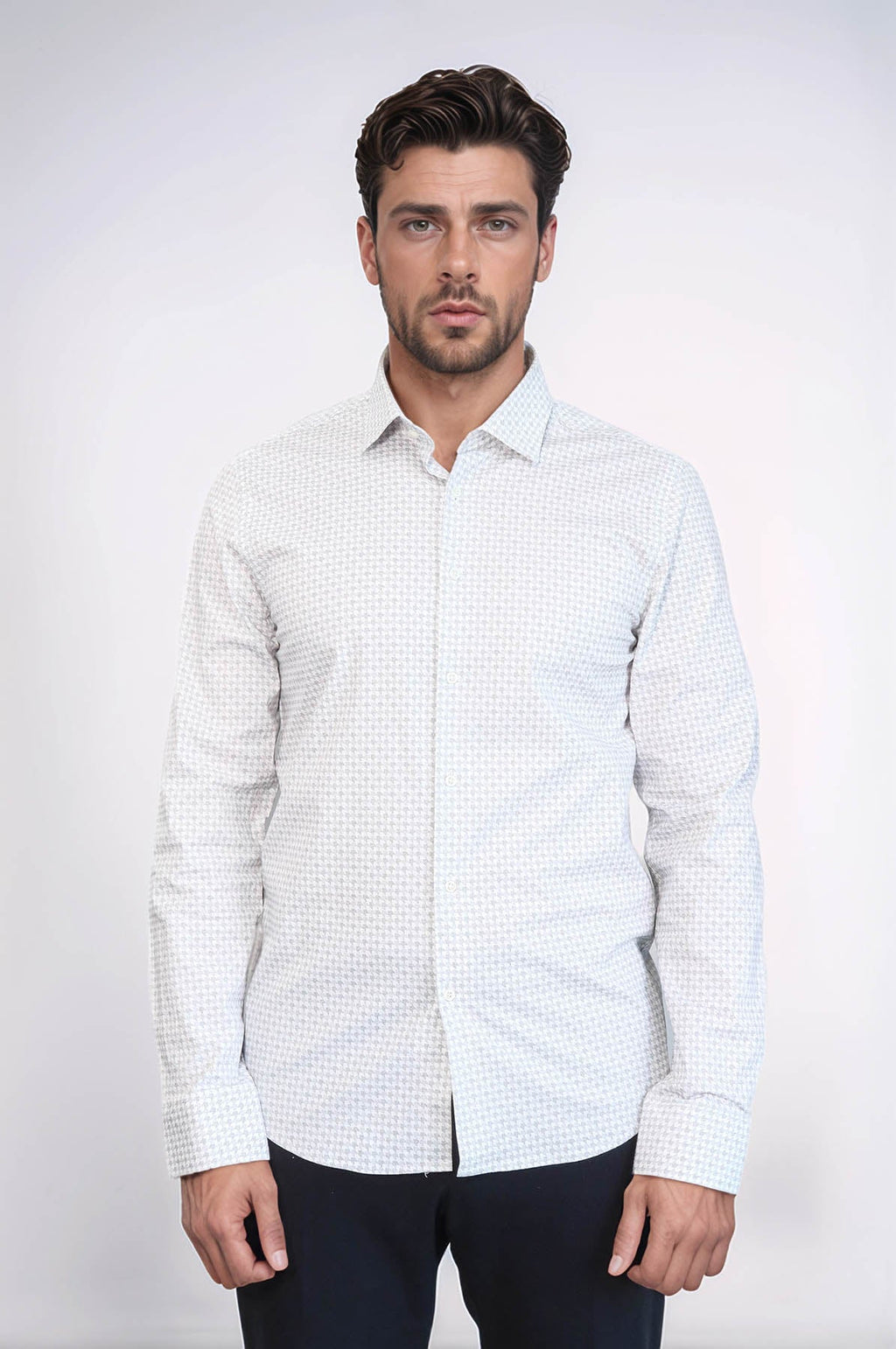 Houndstooth Pattern Slim Fit Ecru Men Shirt by Wessi – side view