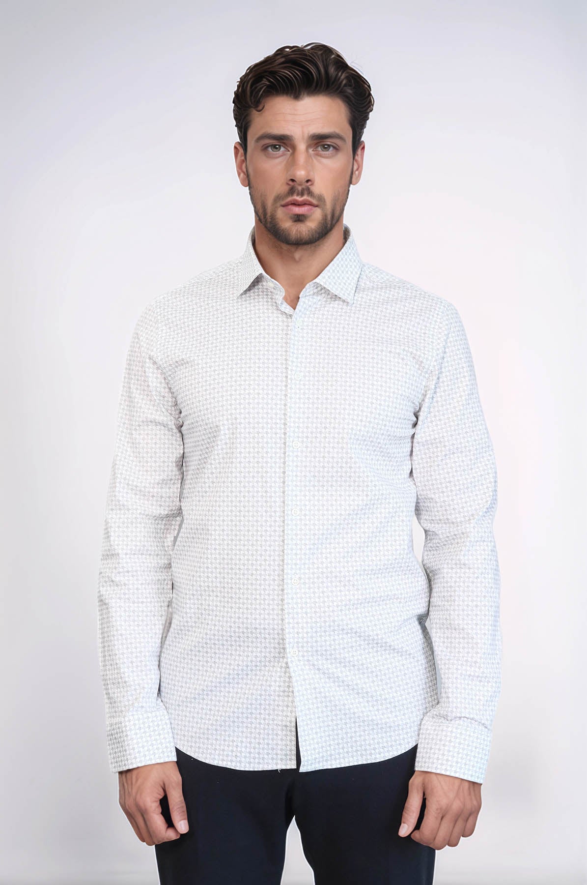 Houndstooth Pattern Slim Fit Ecru Men Shirt by Wessi – side view