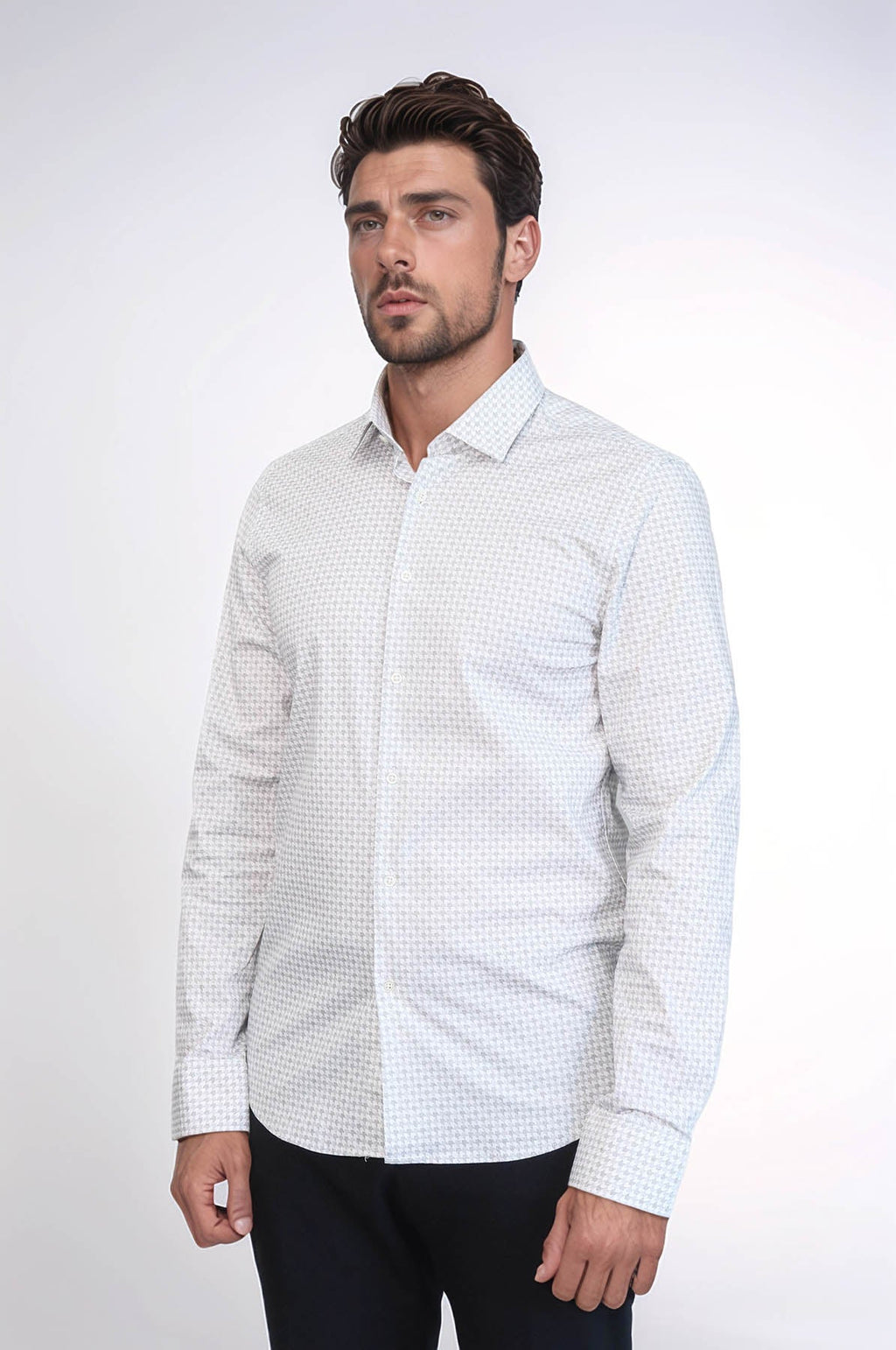Houndstooth Pattern Slim Fit Ecru Men Shirt by Wessi – styled view