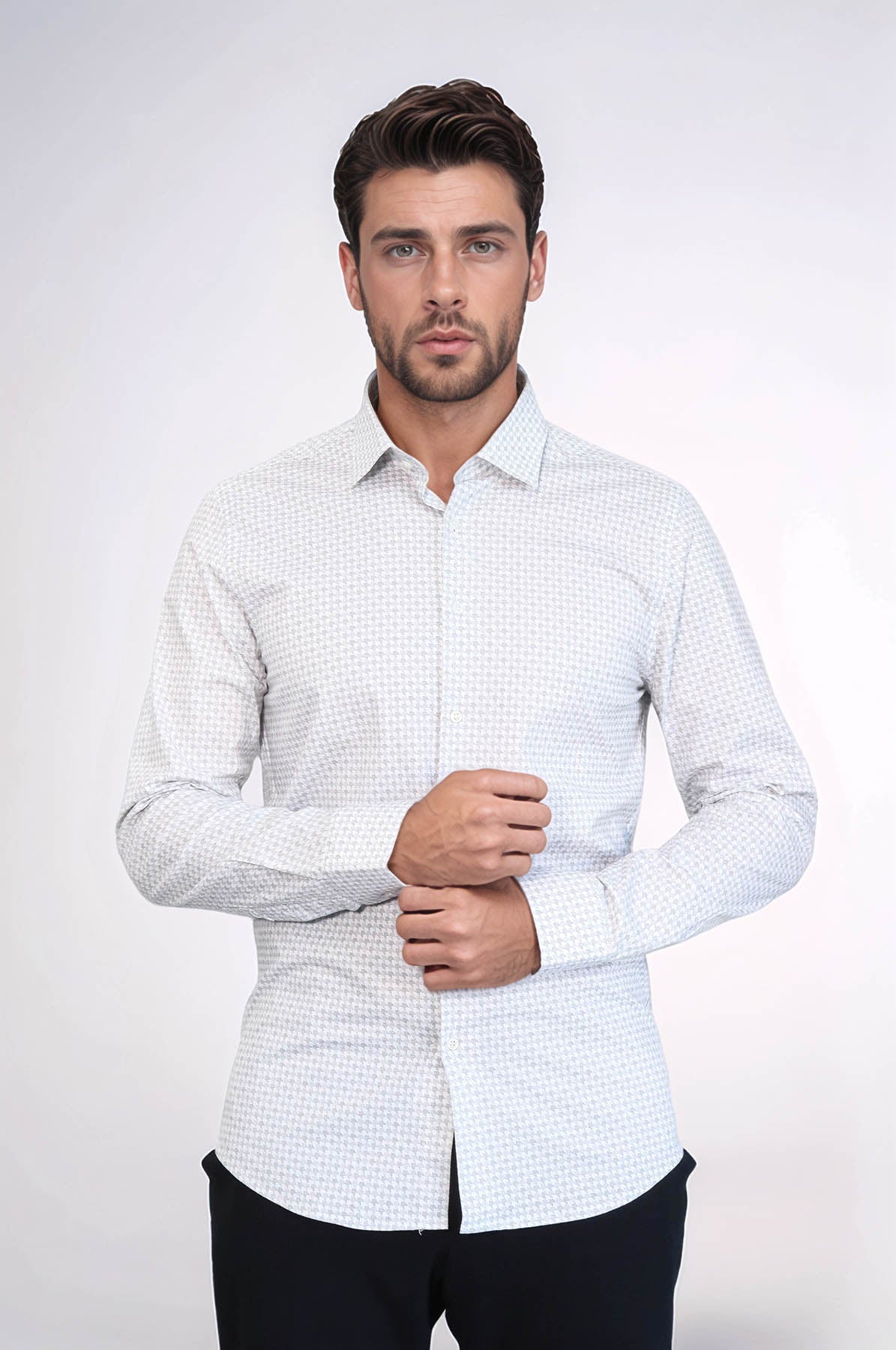 Houndstooth Pattern Slim Fit Ecru Men Shirt by Wessi – close up view