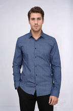 Houndstooth Pattern Slim Fit Navy Blue Men Shirt – front view