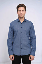 Houndstooth Pattern Slim Fit Navy Blue Men Shirt – side view