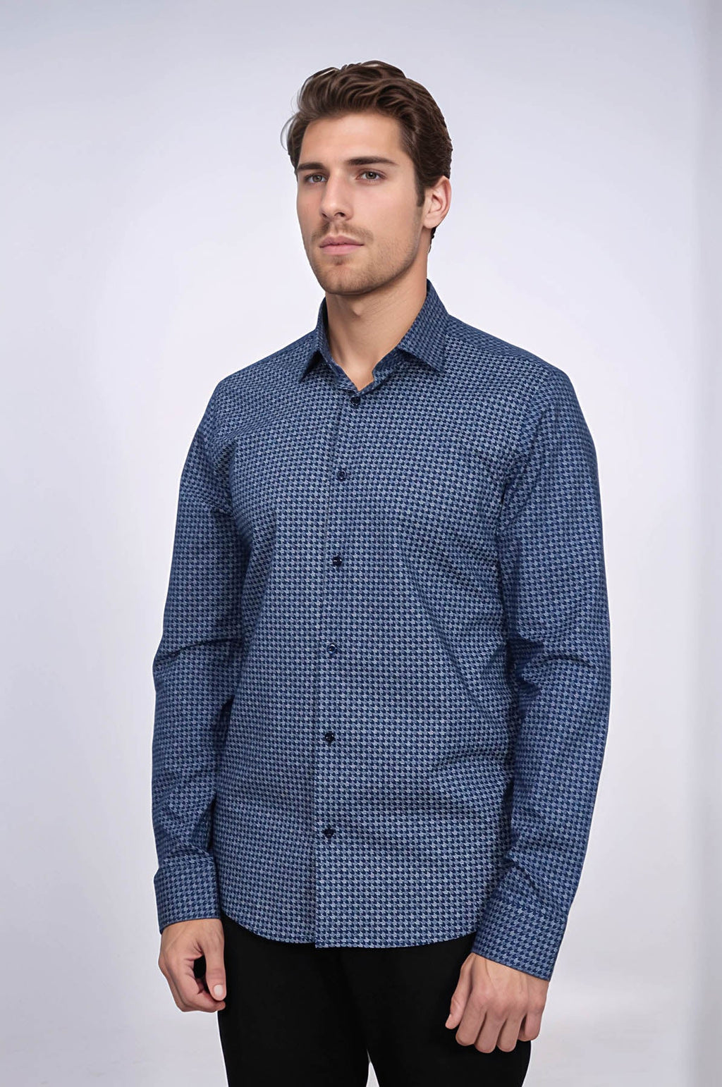 Houndstooth Pattern Slim Fit Navy Blue Men Shirt – styled view