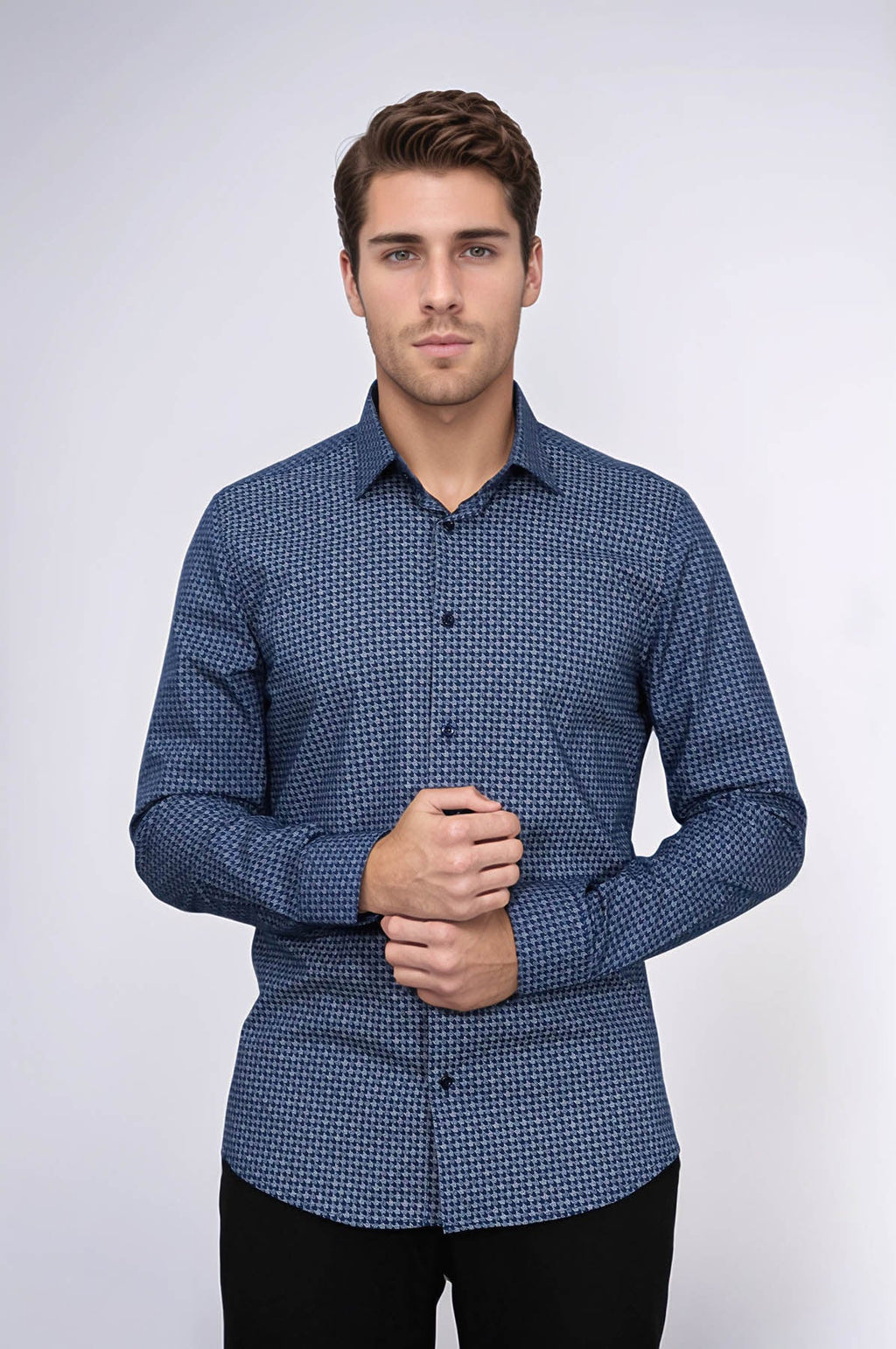 Houndstooth Pattern Slim Fit Navy Blue Men Shirt – close up view
