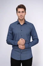 Houndstooth Pattern Slim Fit Navy Blue Men Shirt – close up view