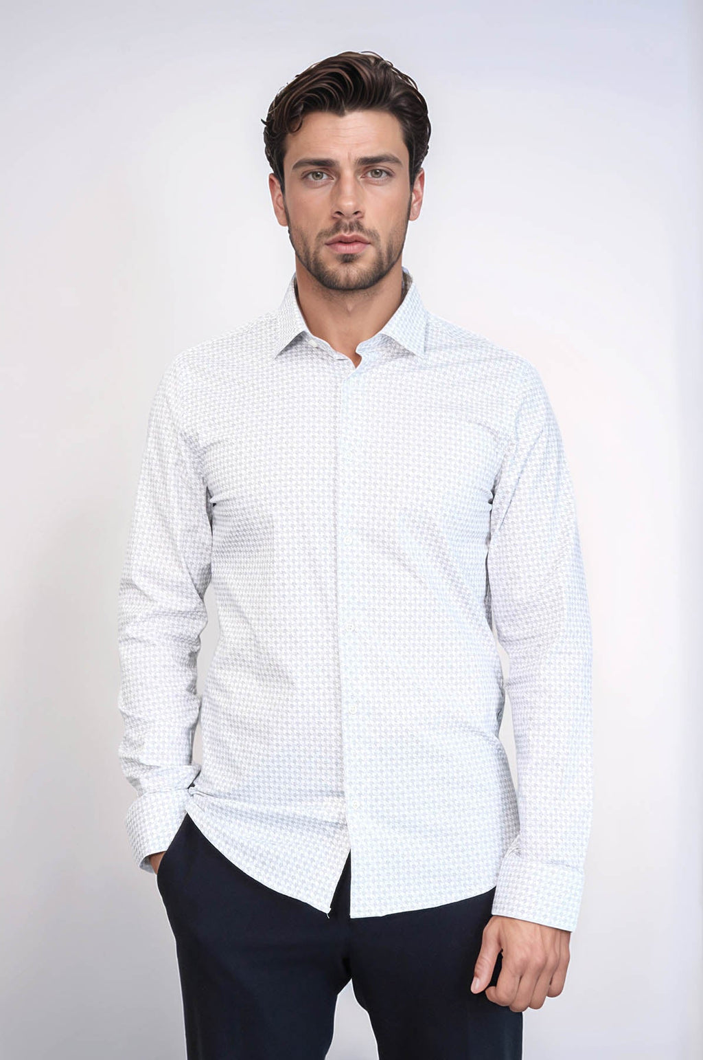Houndstooth Pattern Slim Fit White Men Shirt by Wessi – front view