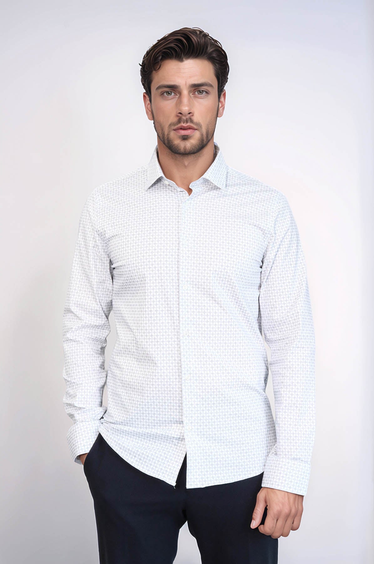 Houndstooth Pattern Slim Fit White Men Shirt by Wessi – front view