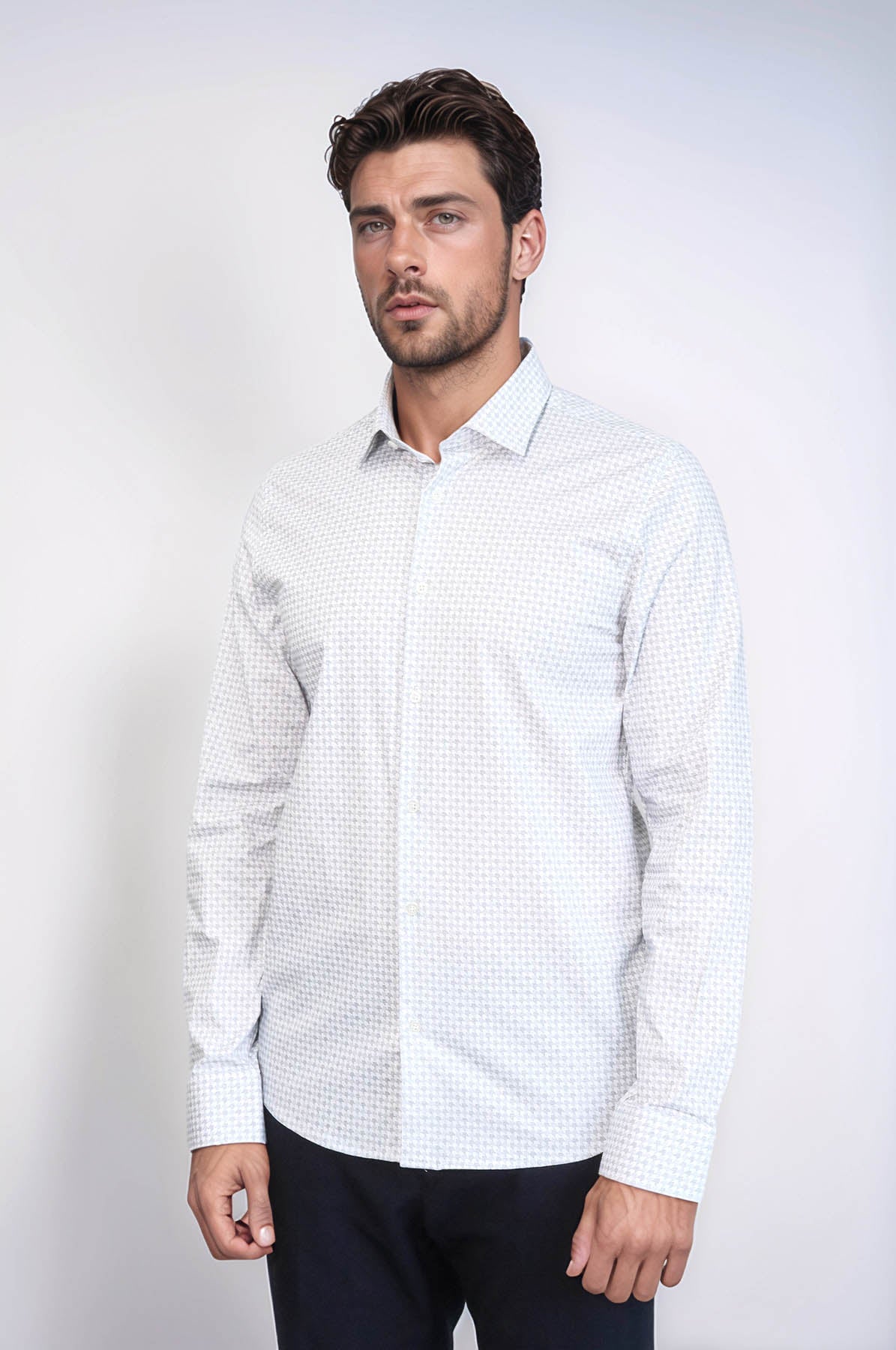 Houndstooth Pattern Slim Fit White Men Shirt by Wessi – styled view