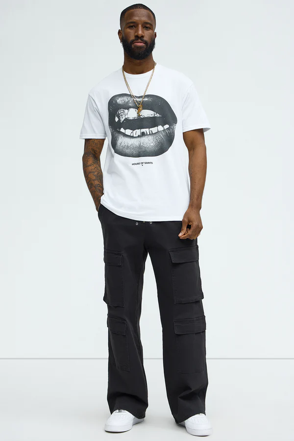 VacationGrabs trendy graphic tee for men featuring black and white lips print on white cotton shirt