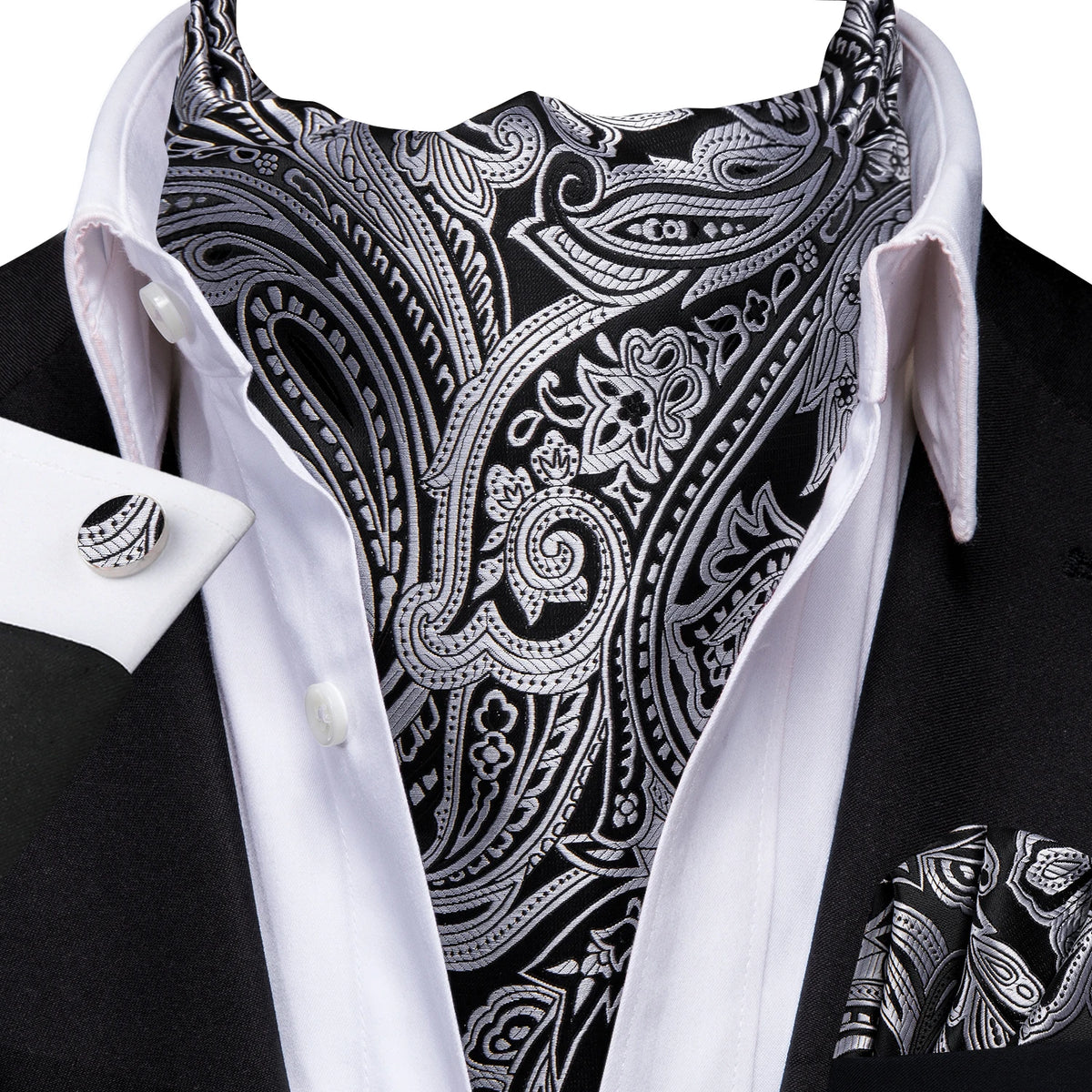 Black and silver paisley pocket square, perfect for how fold a pocket square.