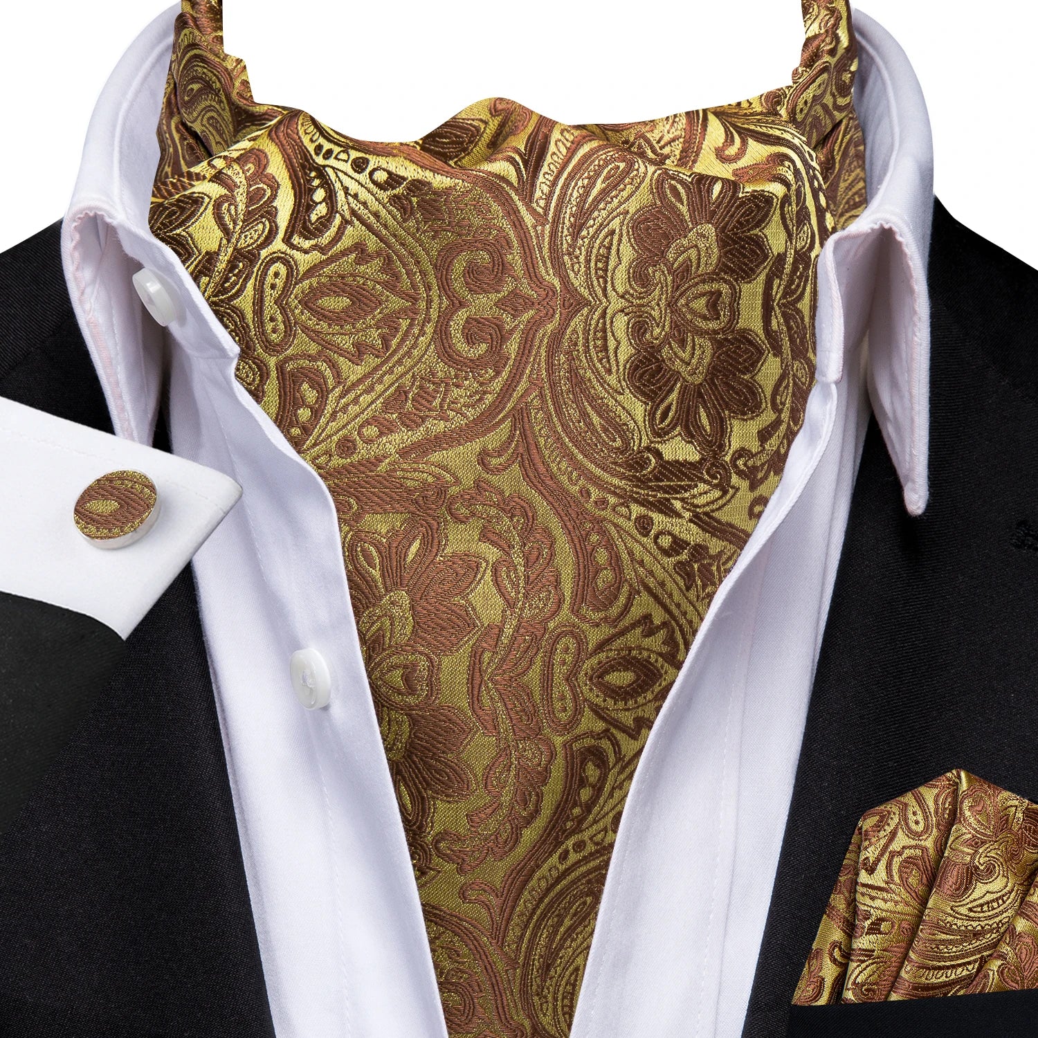 Gold paisley pocket square and matching ascot for formal wear, how fold a pocket square