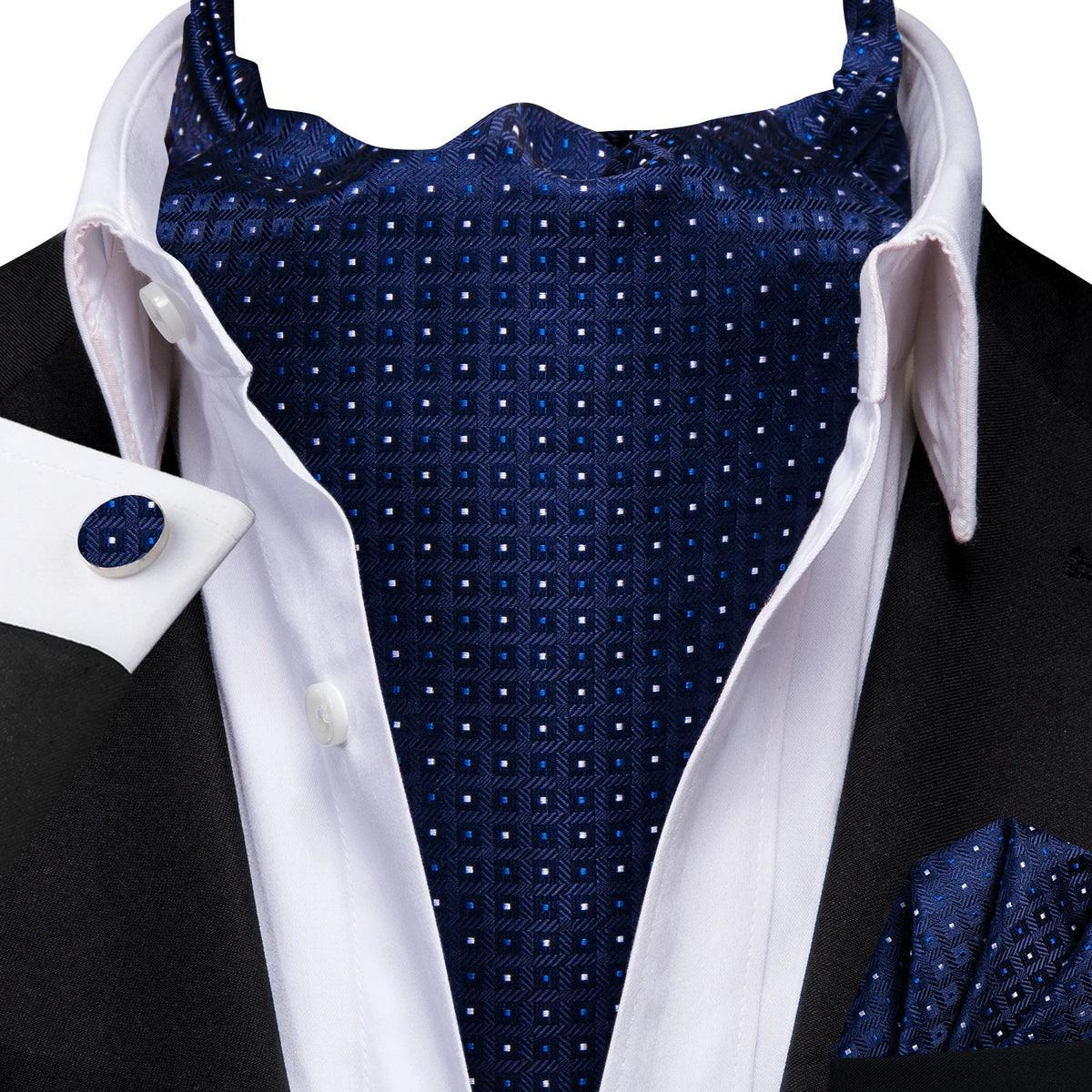 Navy blue silk pocket square instructional guide on how fold a pocket square