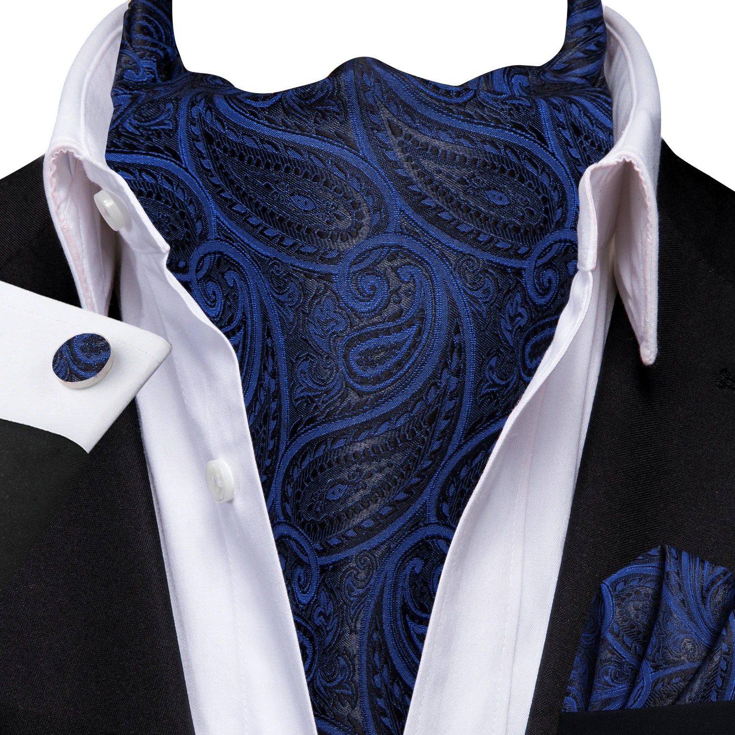 Navy paisley pocket square, silk material, instructions on how fold a pocket square