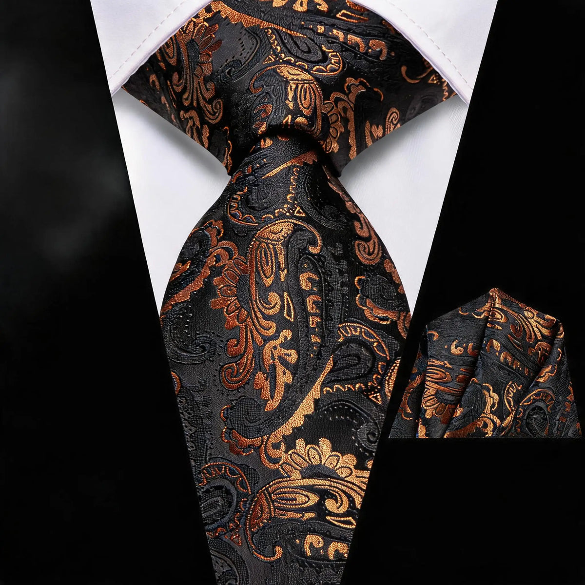Black and gold paisley tie with matching pocket square, learn how fold a pocket square