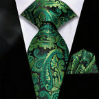 Green paisley silk tie and pocket square for stylish formalwear, learn how fold a pocket square