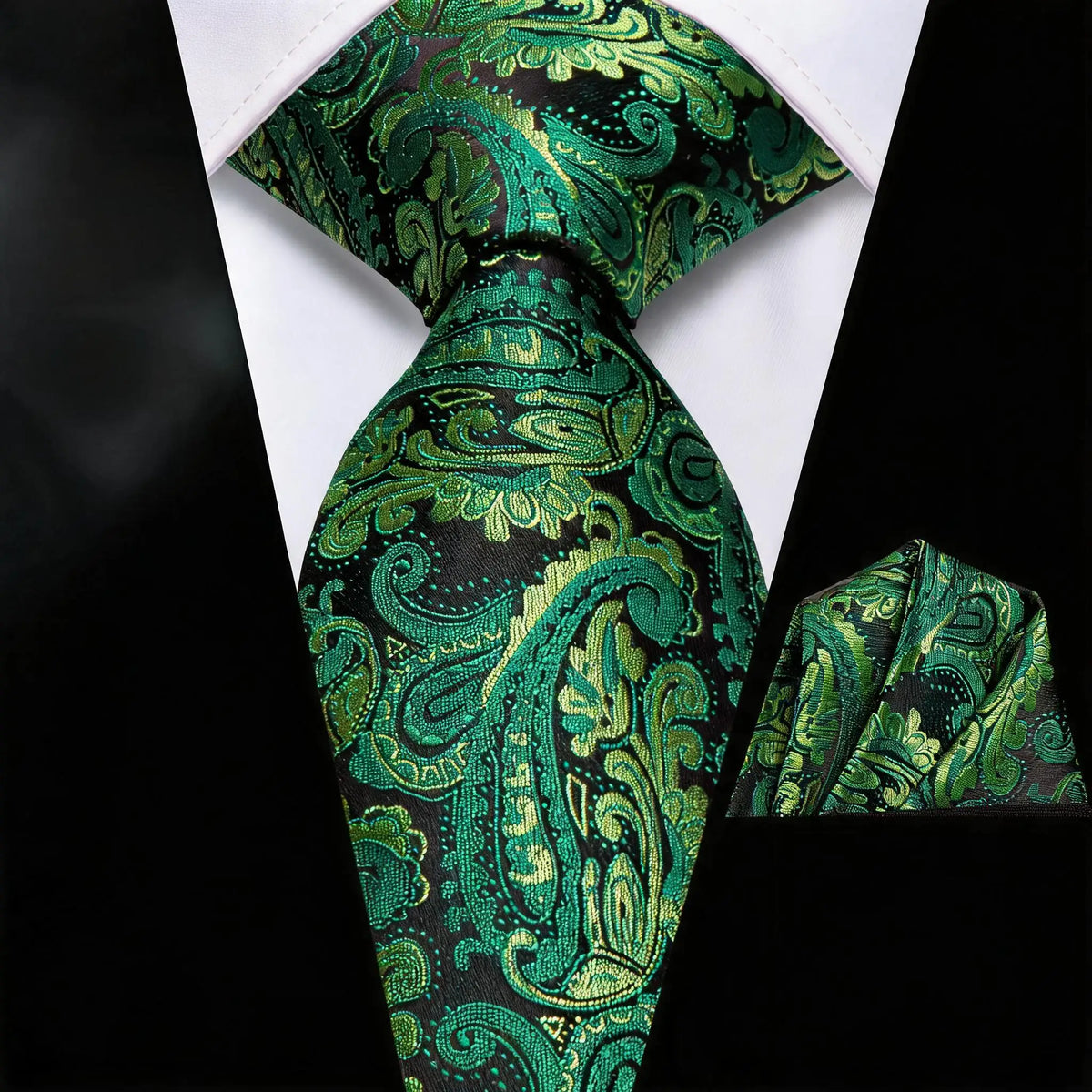 Green paisley silk tie and pocket square for stylish formalwear, learn how fold a pocket square